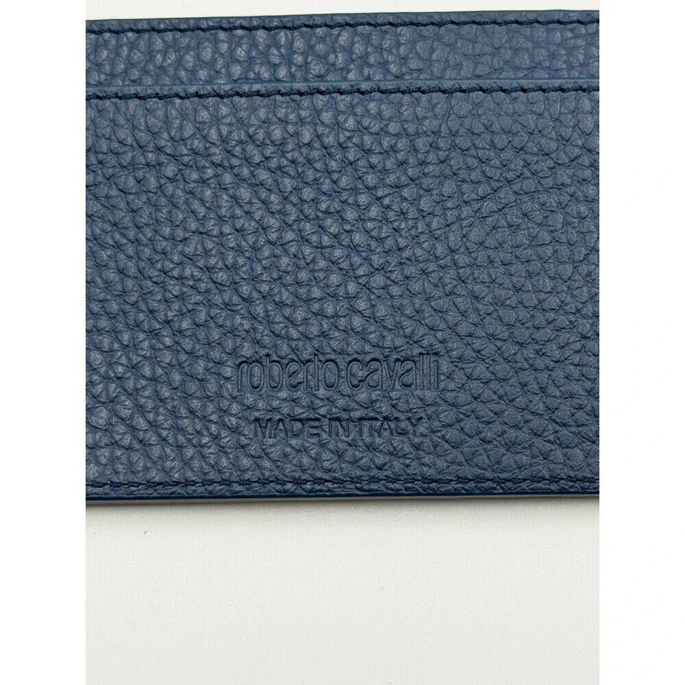 NEW Roberto Cavalli Card Holder Men's Blue Grained Leather Fashion Luxury Wallet